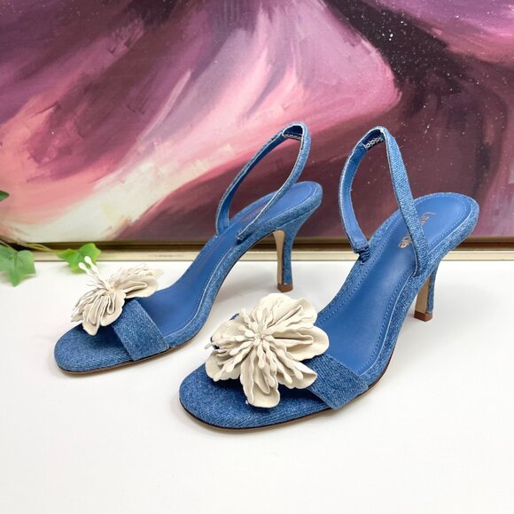 Larroude Hibiscus Slingback Flower Sandal in Denim Size 6 - Picture 4 of 12